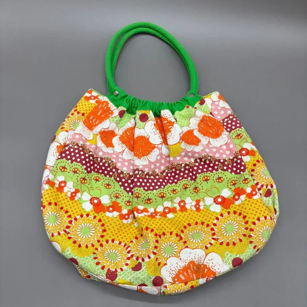 Vintage 1970s Handmade Floral Print Tote Handbag Boho Hippie Cotton Purse